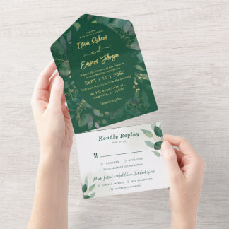 Greenery frame with Rsvp gold and green Wedding All In One Invitation