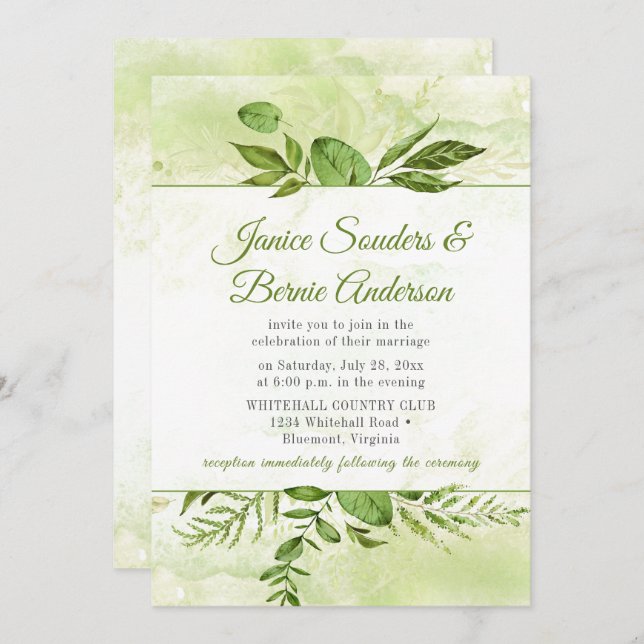 Greenery Framed Watercolor Splash Wedding Invitation (Front/Back)