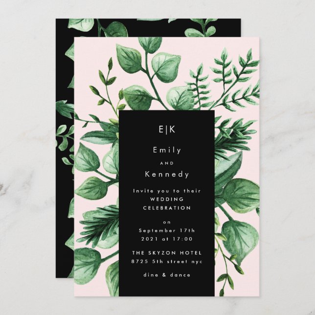 Greenery Fresh Leaf Modern Black Pink Wedding Invitation (Front/Back)