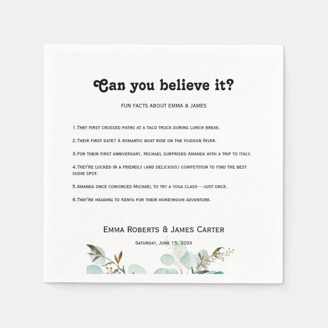 Greenery Fun Facts Modern Wedding Napkins (Front)