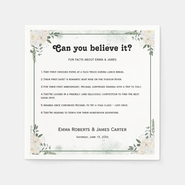 Greenery Fun Facts Modern Wedding Napkins (Front)