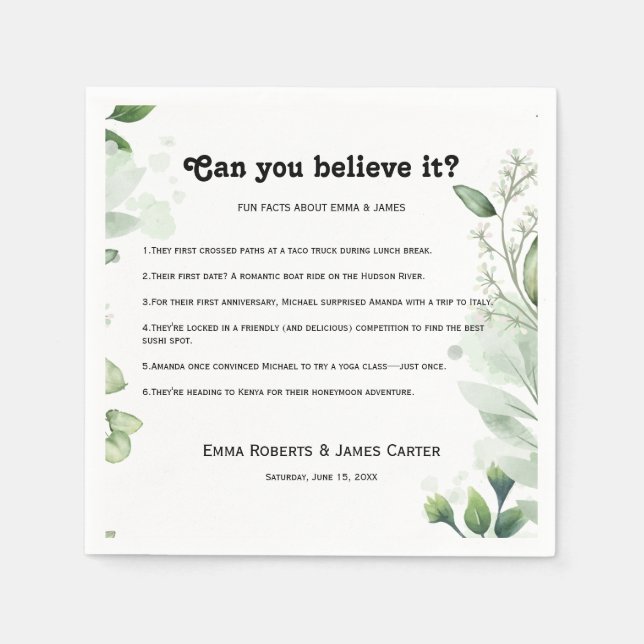 Greenery Fun Facts Modern Wedding Napkins (Front)