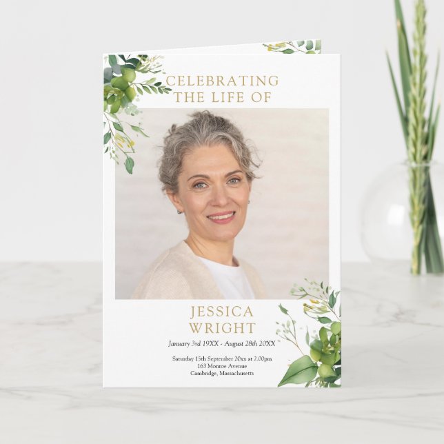 Greenery Funeral Memorial Order Of Service Folded Program (Front)