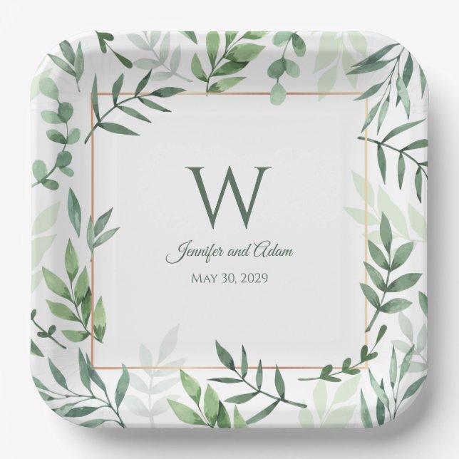 Greenery Garden Initial Wedding Paper Plates (Front)