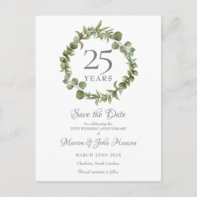 Greenery Garland 25th Anniversary Save the Date Postcard (Front)