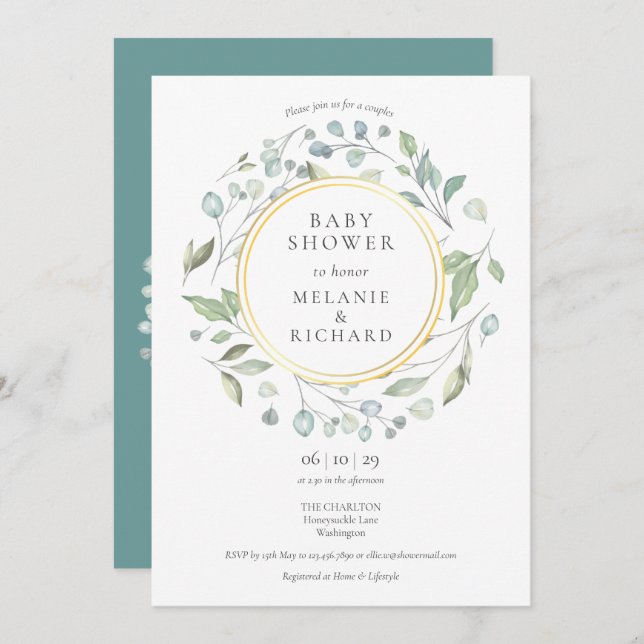 Greenery Garland Gold Foil Couples Baby Shower Invitation (Front/Back)