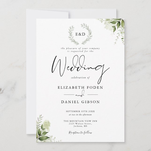 Greenery Garland Monogram Wedding Invitation (Front)