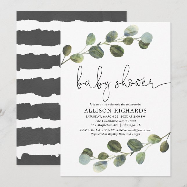 Greenery gender neutral baby shower, black white invitation (Front/Back)