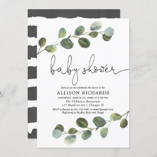 Greenery gender neutral baby shower, black white invitation