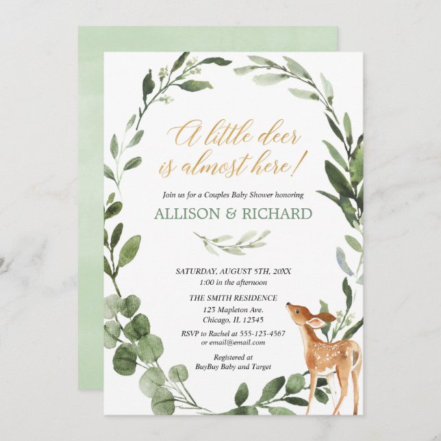 Greenery Gender neutral deer couples baby shower Invitation (Front/Back)