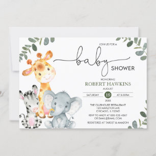 Greenery Gender Neutral Safari Animals Baby Shower Invitation