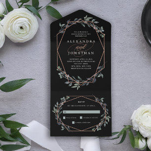 Greenery Geo Black Rose Gold Wedding All In One Invitation