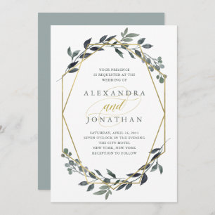 Greenery Geo   Gold Wedding Invitation