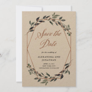 Greenery Geo Kraft   Rose Gold Save The Date