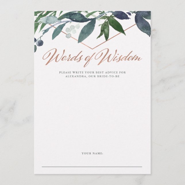 Greenery Geo | Rose Gold Bridal Shower Advice Card (Front)