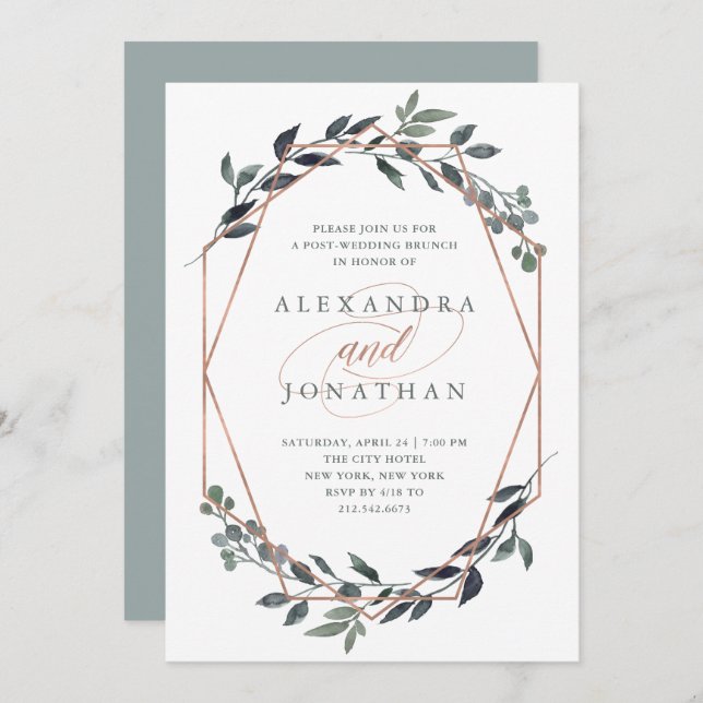 Greenery Geo | Rose Gold Post Wedding Brunch Invitation (Front/Back)