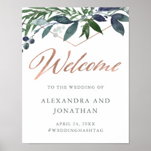 Greenery Geo   Rose Gold Script Wedding Welcome Poster