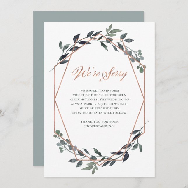 Greenery Geo | Rose Gold Wedding Cancellation Invitation (Front/Back)