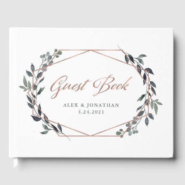 Greenery Geo | Rose Gold Wedding Guest Book (Front)