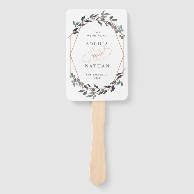 Greenery Geo | Rose Gold Wedding Hand Fan (Front)