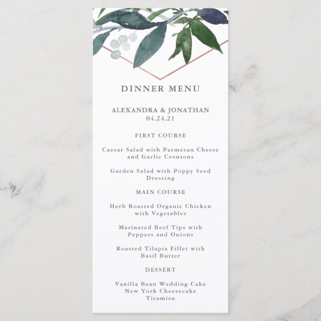Greenery Geo | Rose Gold Wedding Menu (Front)