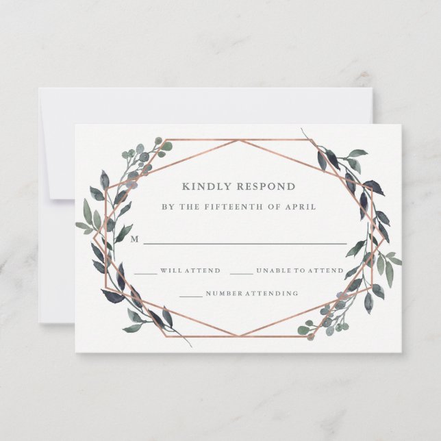Greenery Geo | Rose Gold Wedding RSVP Card (Front)