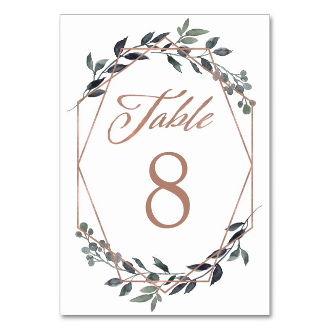 Greenery Geo | Rose Gold Wedding Table Number (Front)