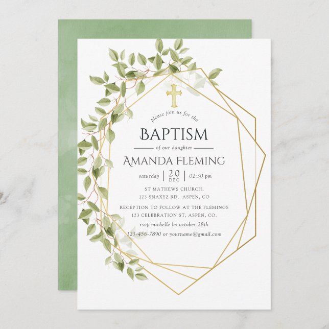 Greenery Geometric Baptism or Christening Invitation (Front/Back)