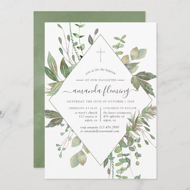 Greenery Geometric Baptism or Christening Invitation (Front/Back)