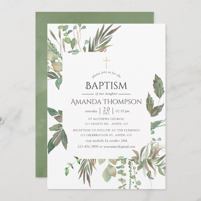 Greenery Geometric Baptism or Christening Invitation (Front/Back)