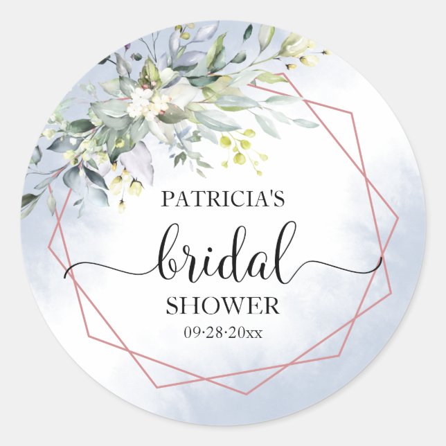 Greenery Geometric Dusty Blue Bridal Shower Classic Round Sticker (Front)