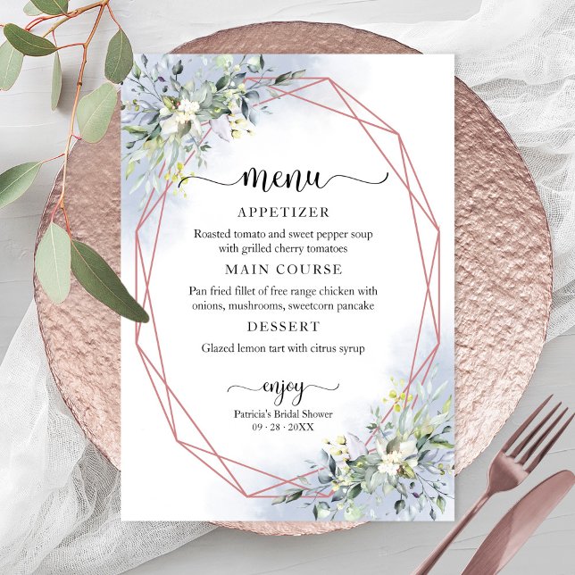 Greenery Geometric Dusty Blue Bridal Shower Menu I Invitation (Creator Uploaded)