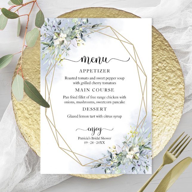 Greenery Geometric Dusty Blue Bridal Shower Menu Invitation (Creator Uploaded)