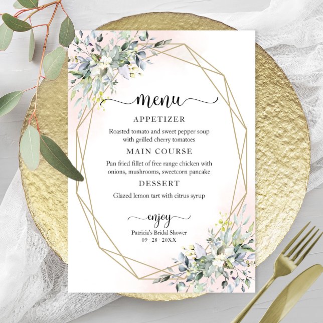Greenery Geometric Pink Blush Bridal Shower Menu Invitation (Creator Uploaded)
