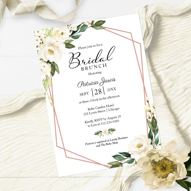 Greenery Geometric White Floral Bridal Brunch Invitation (Creator Uploaded)