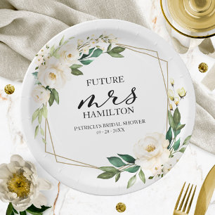 Greenery Geometric White Floral  Bridal Shower Paper Plate