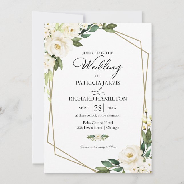 Greenery Geometric White Floral Wedding Invitation (Front)