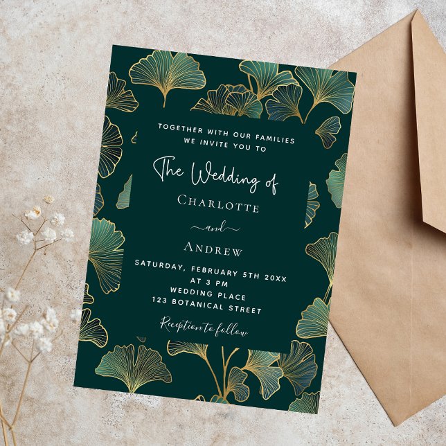 Greenery ginkgo leaf gold botanical wedding invitation postcard (Creator Uploaded)