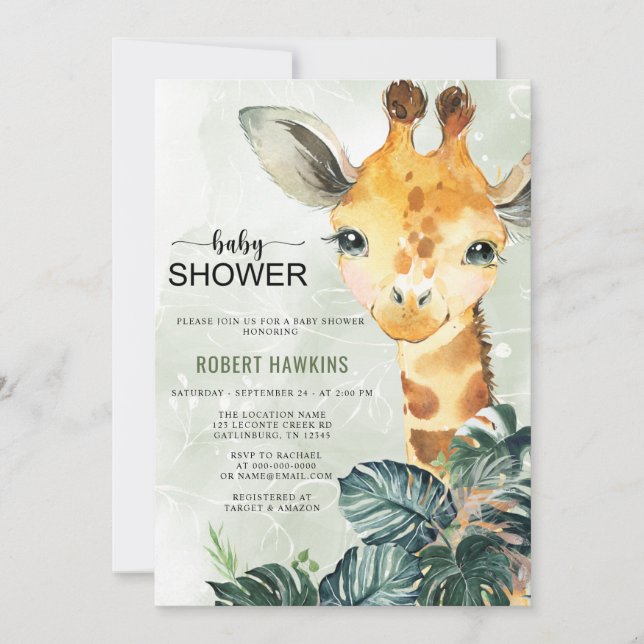 Greenery Giraffe Baby Shower Invitation (Front)