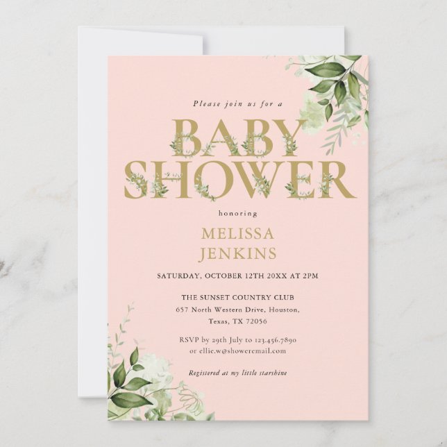Greenery Girl Blush Pink Gold Letter Baby Shower Invitation (Front)