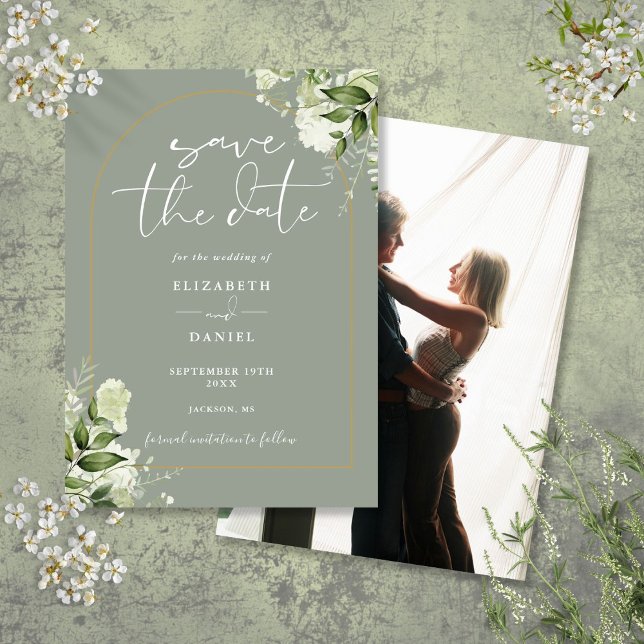 Greenery Gold Arch Photo Sage Green Wedding Save The Date (Greenery Gold Arch Photo Sage Green Wedding Save The Date)