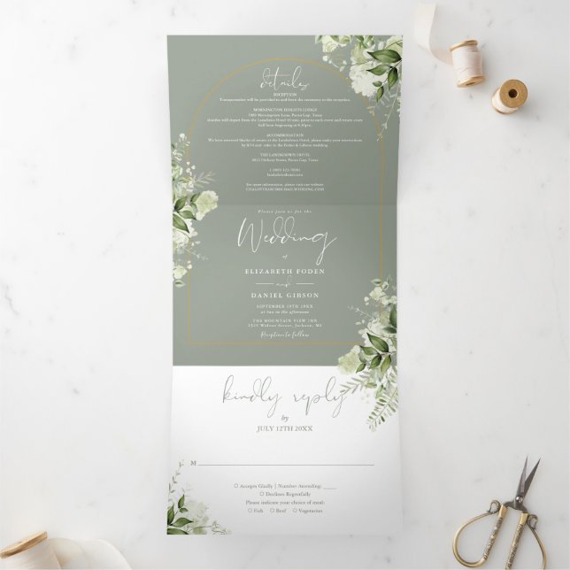 Greenery Gold Arch Photo Sage Green Wedding Tri-Fold Invitation (Inside)