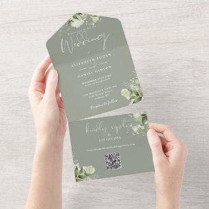 Greenery Gold Arch QR Code Sage Green Wedding All In One Invitation