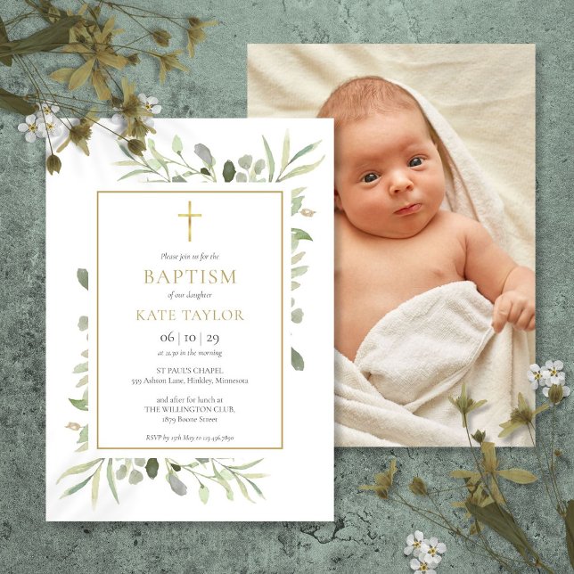 Greenery Gold Baptism Christening Photo Invitation (Greenery Gold Baptism Christening Photo Invitation)