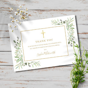Greenery Gold Baptism Christening Photo Thank You Card