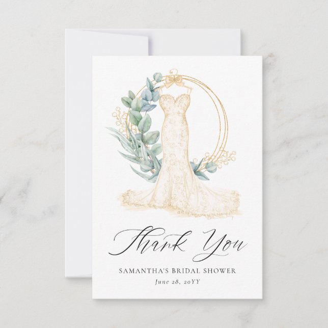 Greenery Gold Berries Wedding Dress Bridal Shower Thank You Card (Front)