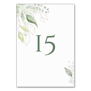 Greenery Gold Botanical Leaves Watercolor Table Number