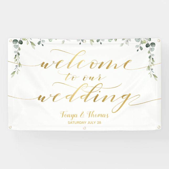 Greenery Gold Calligraphy White Welcome To Wedding Banner (Horizontal)