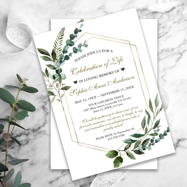 Greenery Gold Celebration of Life Funeral Memorial Invitation (celebration of life funeral memorial elegant greenery invitation)
