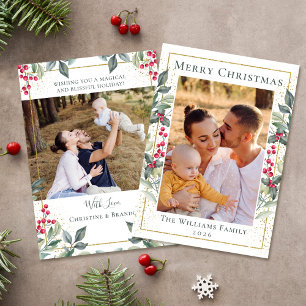 Greenery Gold Christmas Holly Berries 2 Photo Holiday Card